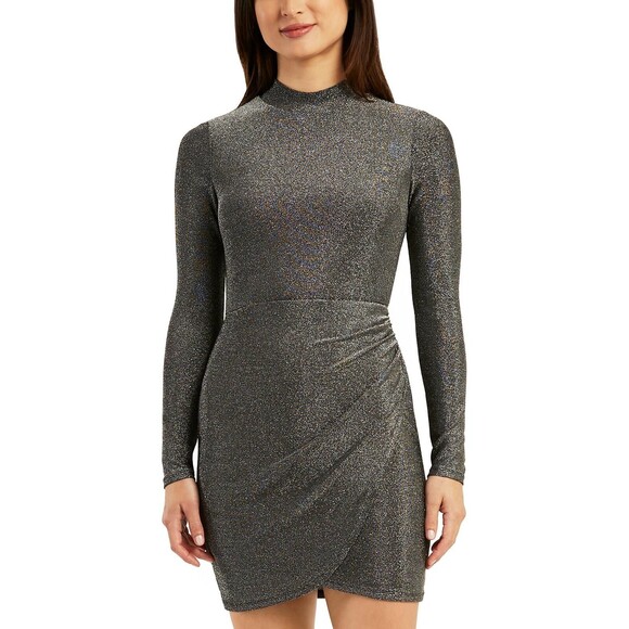 BCX Juniors’ Metallic Ruched Tulip-Hem Bodycon Dress, Silver, S (3/4-5/6) - Picture 1 of 2